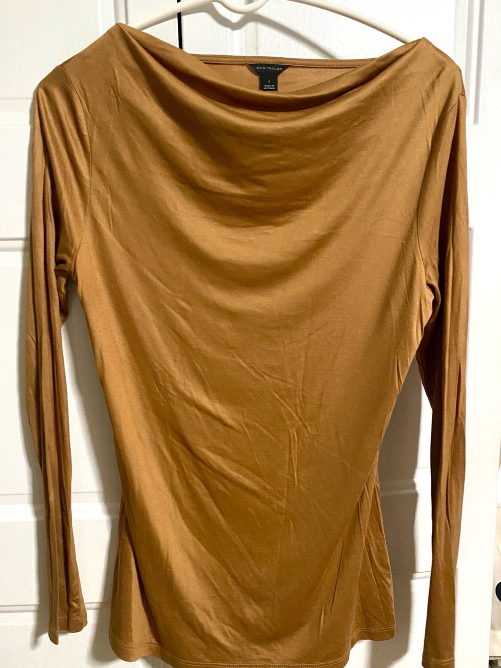 Ann Taylor Long-Sleeve Boatneck Top in Camel/Tan